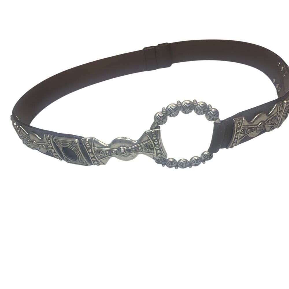 Chicos Genuine Leather Studded Belt L Silver Metal Aztec Steam Punk Ring Clasp